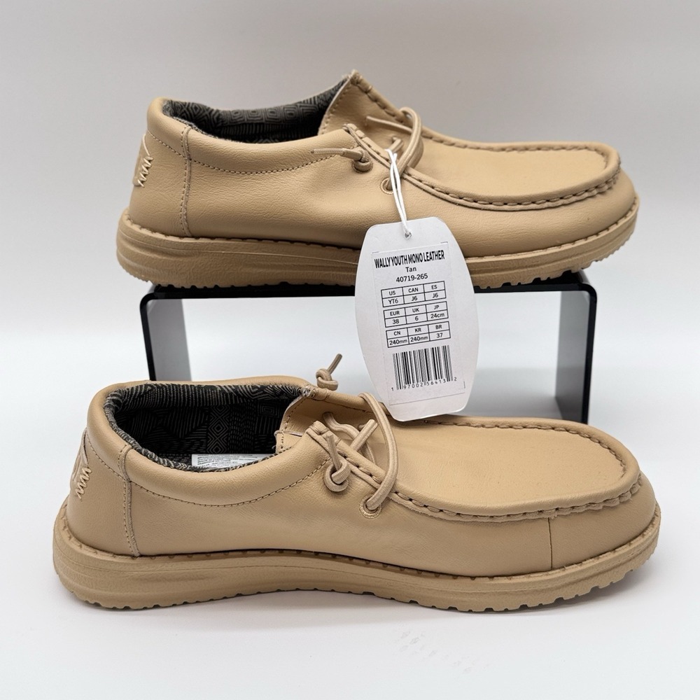 Size 6YT- HeyDude Wally Youth Mono Leather Brown Slip-on Loafers,Light-Weight